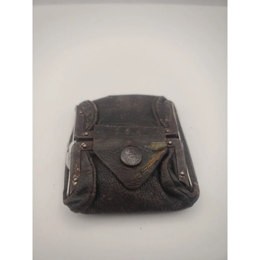 Antique 1920s Hinged Leather Coin Purse Snap Pouch Wallet Money Holder